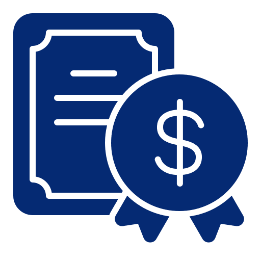 Certificate and dollar sign icon.
