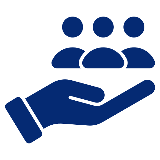 Hand holding three people icons.